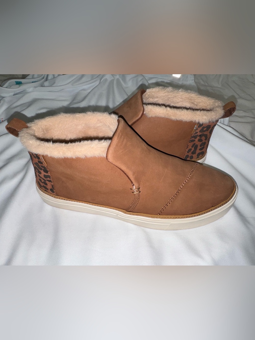 Toms Tan Shearling-Lined Slip-On Ankle Sneakers with Leopard Heel